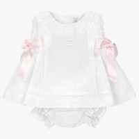 Conjunto vestido-braguita tela niña plumeti blanco-rosa bebé 20155